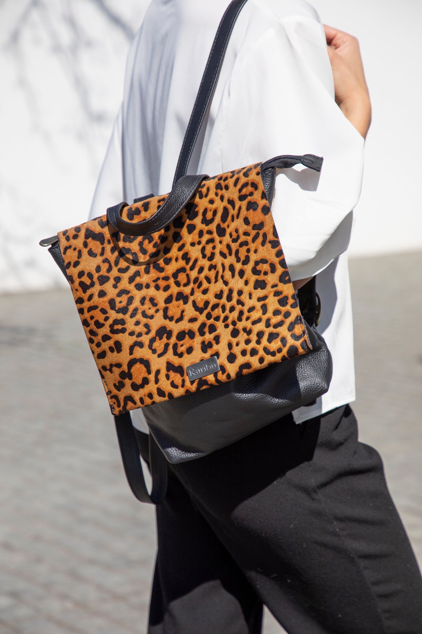 Black Valentina Backpack with Furry Animal Print