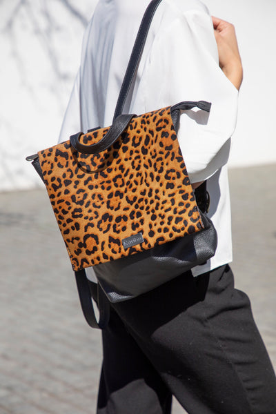 Black Valentina Backpack with Furry Animal Print