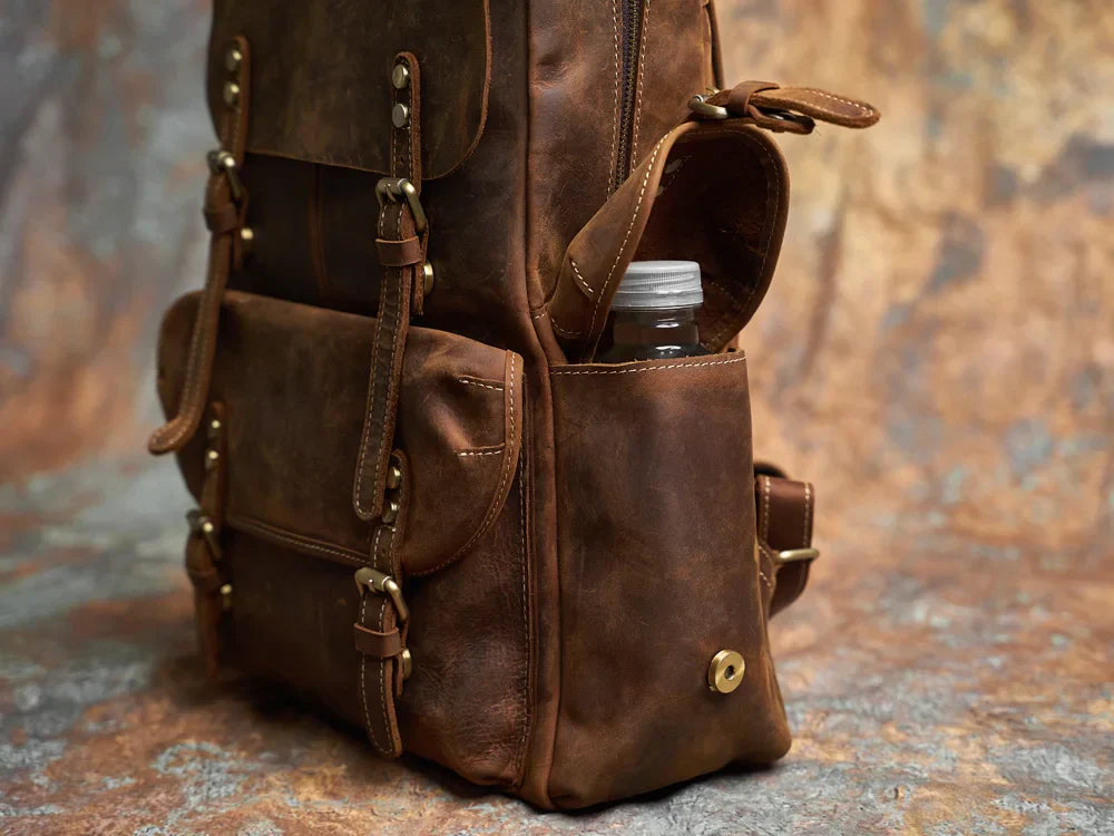 Rugged Genuine Leather Travel Backpack | Brown Large Capacity Daypack