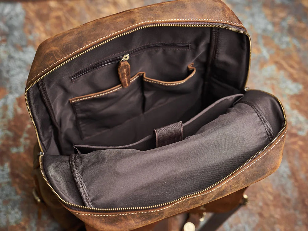 Rugged Genuine Leather Travel Backpack | Brown Large Capacity Daypack