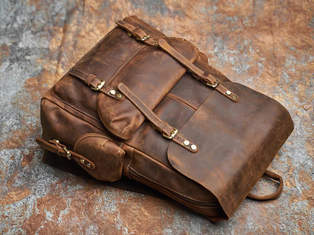 Rugged Genuine Leather Travel Backpack | Brown Large Capacity Daypack